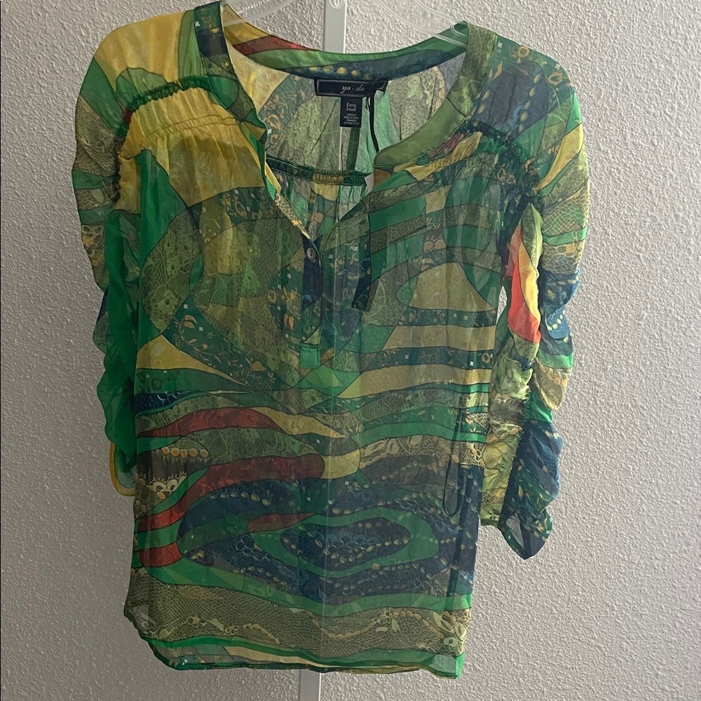 Ya.Da Green Multi-Print Sheer Button-Front Blouse